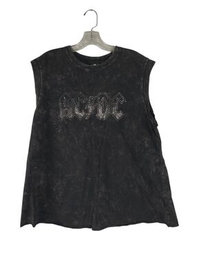 AC/DC Tank Top Womens XL Black Graphic Tee Acid Wash Muscle Band Tee Cotton